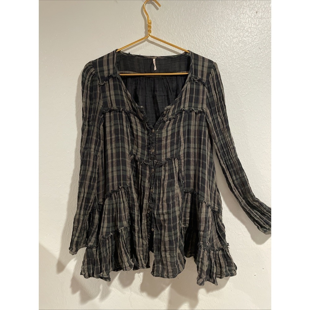 Free People Shirt Plaid Button Front Tunic Ruffle Layered Oversized Top Boho S
